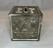 Vintage Silver Plated Piggy Bank - ABC Baby Block Coin Bank By Leonard Nursery