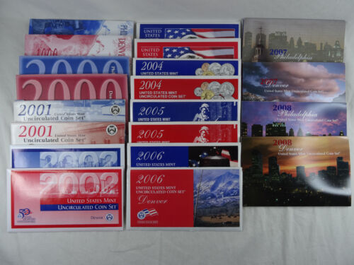 1999-2008 US Mint Uncirculated Set Run Envelope & COA 218 Coins (10 Annual Sets) - Afbeelding 1 van 11