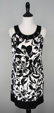 CAROLE LITTLE Black White Floral Shift Midi Rhinestone Stretch Formal Dress Sz 8