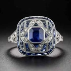 Art Deco Style Emerald Sapphire & Lab Created Diamond 14k White Gold Finish Ring