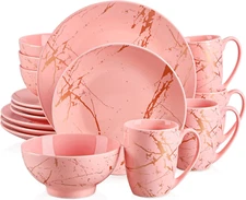 Pink Dinnerware Sets for 4, 16 Piece Porcelain Dish Set Plates and Bowls Sets wi