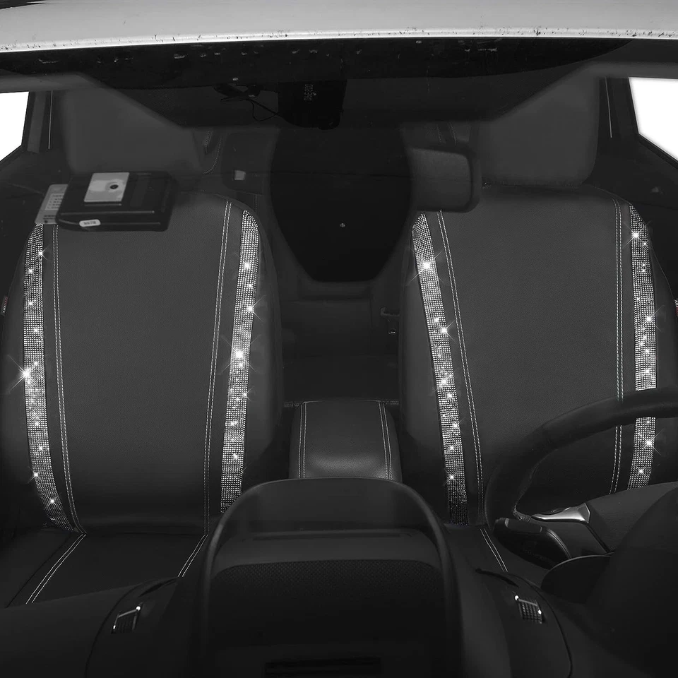 Fundas de asiento de coche de cuero Diamond Bling, 2 juegos delanteros, estrás negro plateado Foto 4 de 4