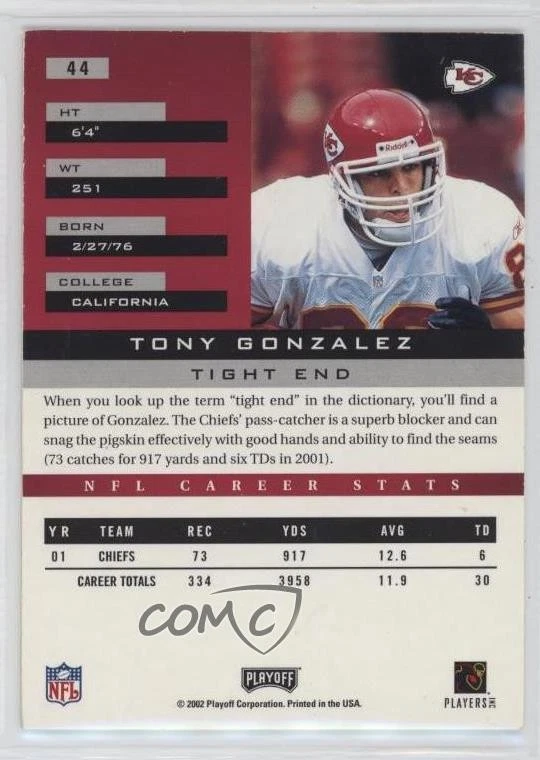 2002 Playoff Honors Tony Gonzalez #44 HOF - Image 2 of 2
