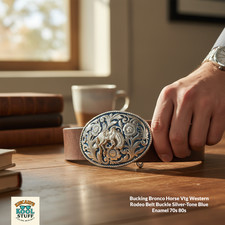 Bucking Bronco Horse Vtg Western Rodeo Belt Buckle Silver-Tone Blue Enamel 70/80