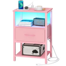 Pink Night Stand with Charging Station, LED Nightstand for Bedroom, Bedside T...