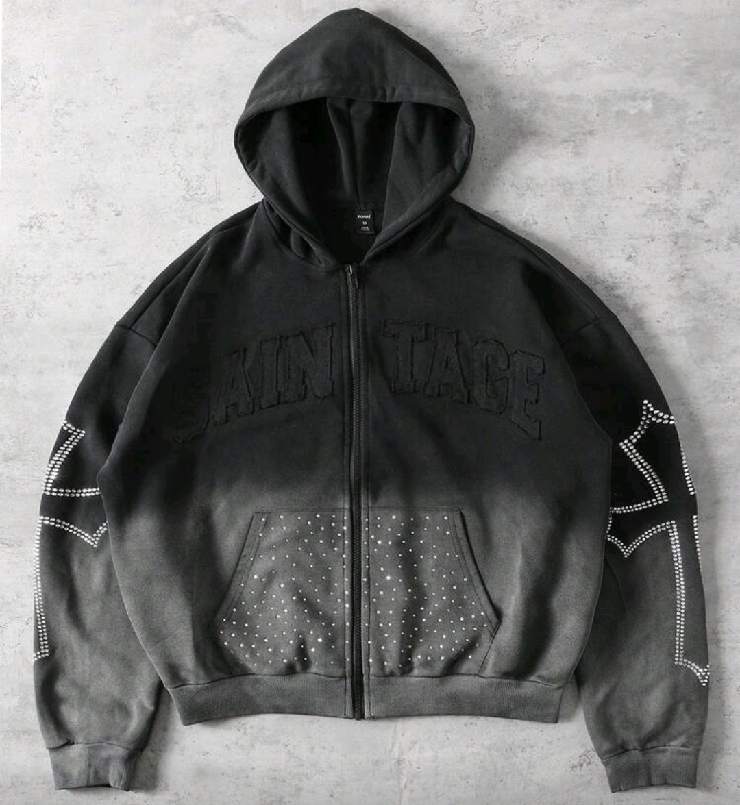 Nuevo Hombres Mujeres Diamante Cruces Estrás Moda Negro Cremallera Sudadera con Capucha Alta Calidad