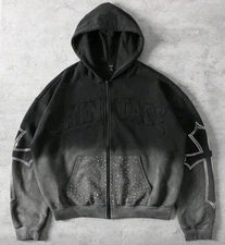 New Men Women Diamond Crosses Rhinestones Fashion Black Zip Hoodie High Quality