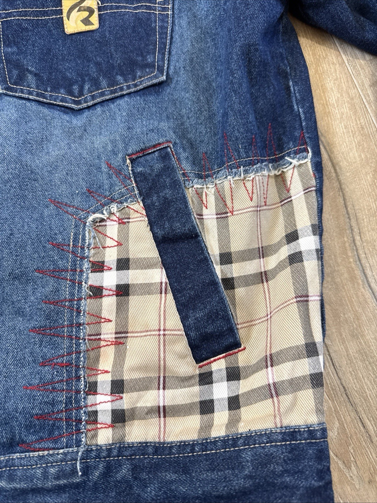 Raw Blue patchwork denim jacket with plaid accent… - image 5