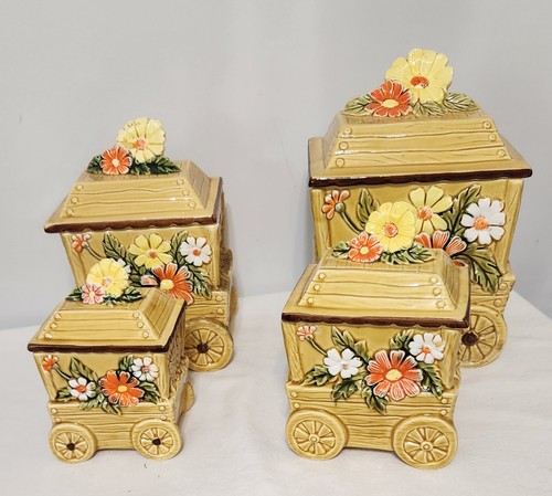 Vintage 4 Piece Fred Roberts Company Canister Set Flower Cart
