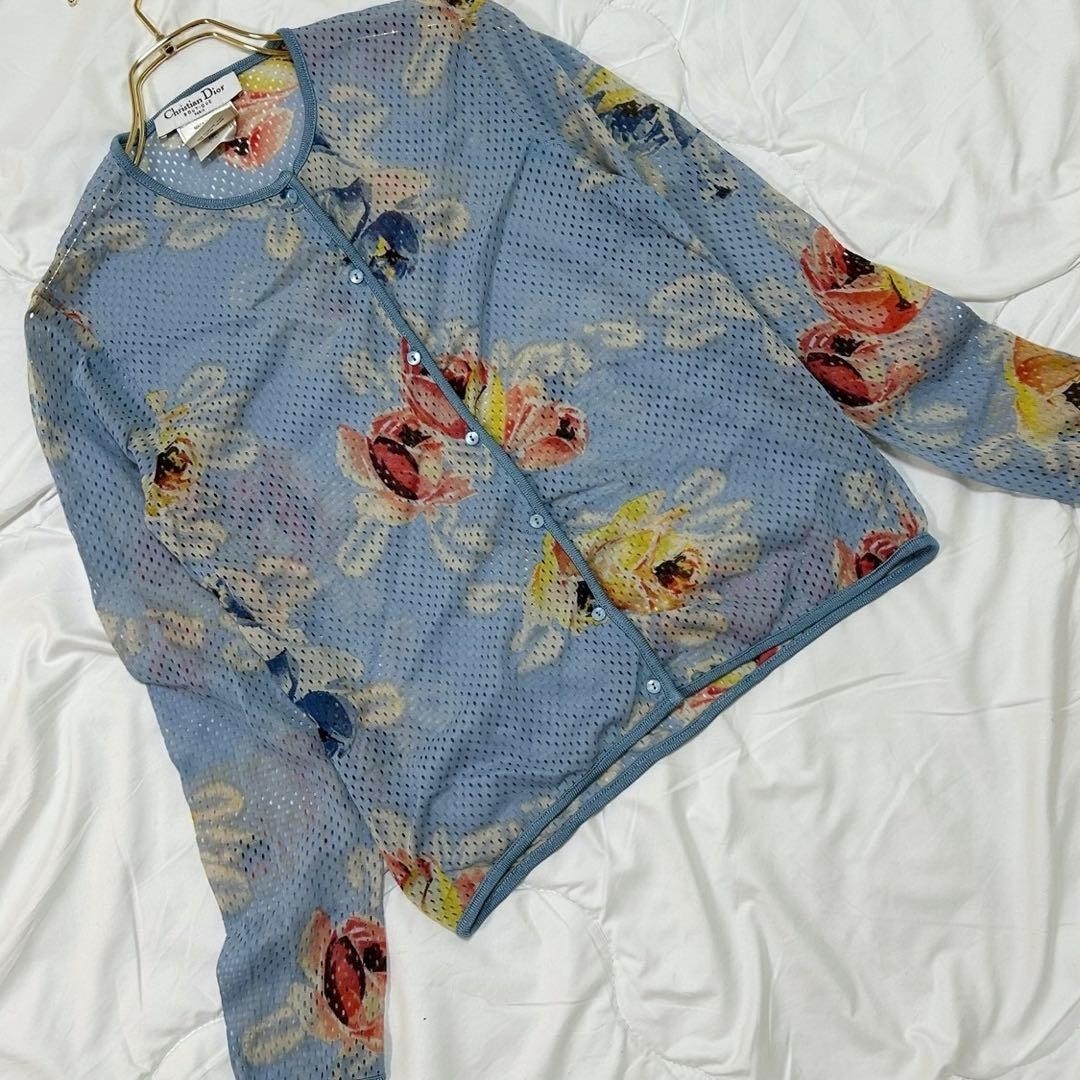 Christian Dior by John Galliano Floral Mesh Cardigan FR 38 Blue