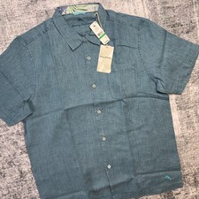 Tommy Bahama Shirt Men Large Blue Sea Glass Camp Linen Button Up Loop Collar NEW