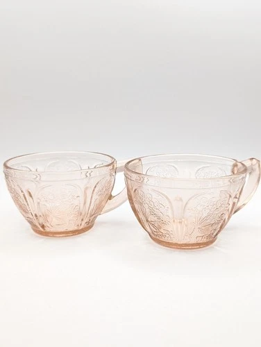 Set Of 2 Vintage Jeanette Pink Cherry Blossom Depression Glass Teacups 1930s