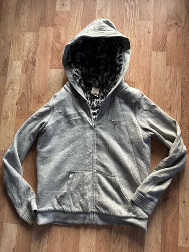 UNDERCOVER Felpa con cappuccio Y2K Victorias Secret rosa foderata in pelliccia sintetica zip intera grigia taglia small scintillante