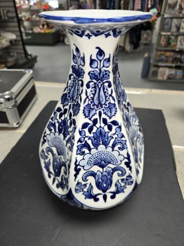Handbemalte Chinoiserie blau und weiß 6-seitige Vase Blumen orientalisch 12 Zoll