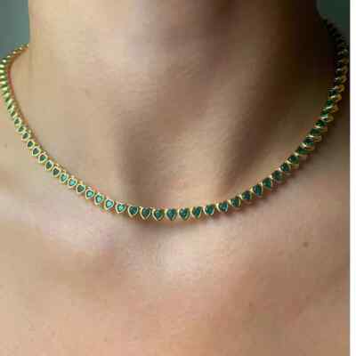 Womens Tennis Necklace CT Natural Green Emerald Solid 18K