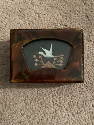 Vintage Trinket Jewelry Box W Glass Covered Heron 3x2x1.5 Brown Black Tortoise