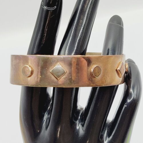 Copper Cuff Artisan Signed Diamond & Circle Rivets Vintage Bracelet with Wear - Picture 22 of 24