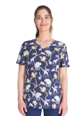 Scrubstar NEW♈Woman's Printed Seasonal Fashion Top size S~Indigo Giraffe 