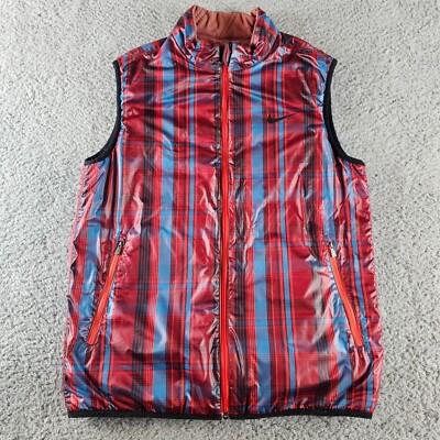 Nike Golf Puffer Vest Mens Medium Red Plaid Reverseable Full Zip Outdoor Casual