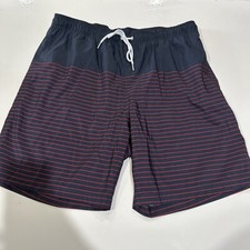 Lands' End Men's L Striped Navy Blue Mesh Lined Swim Trunks Suit Nylon Short