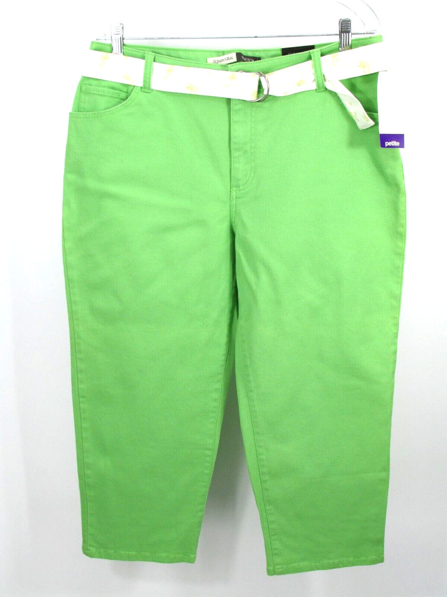 NWT St Johns Bay Capri Pants Women Size 16 Petite Green Belted