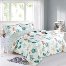 Teal Green Beach Coastal Seashells Coral 3 pc Quilt Set Twin Full Queen King Bed