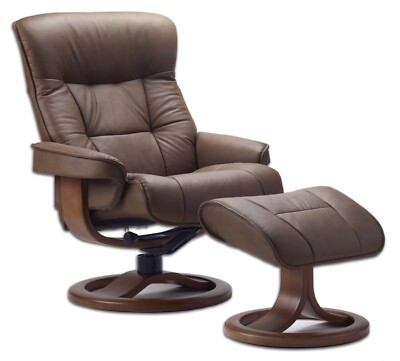 Fjords Bergen Large Recliner Comfort Chair Havana Brown Leather with Walnut Wood