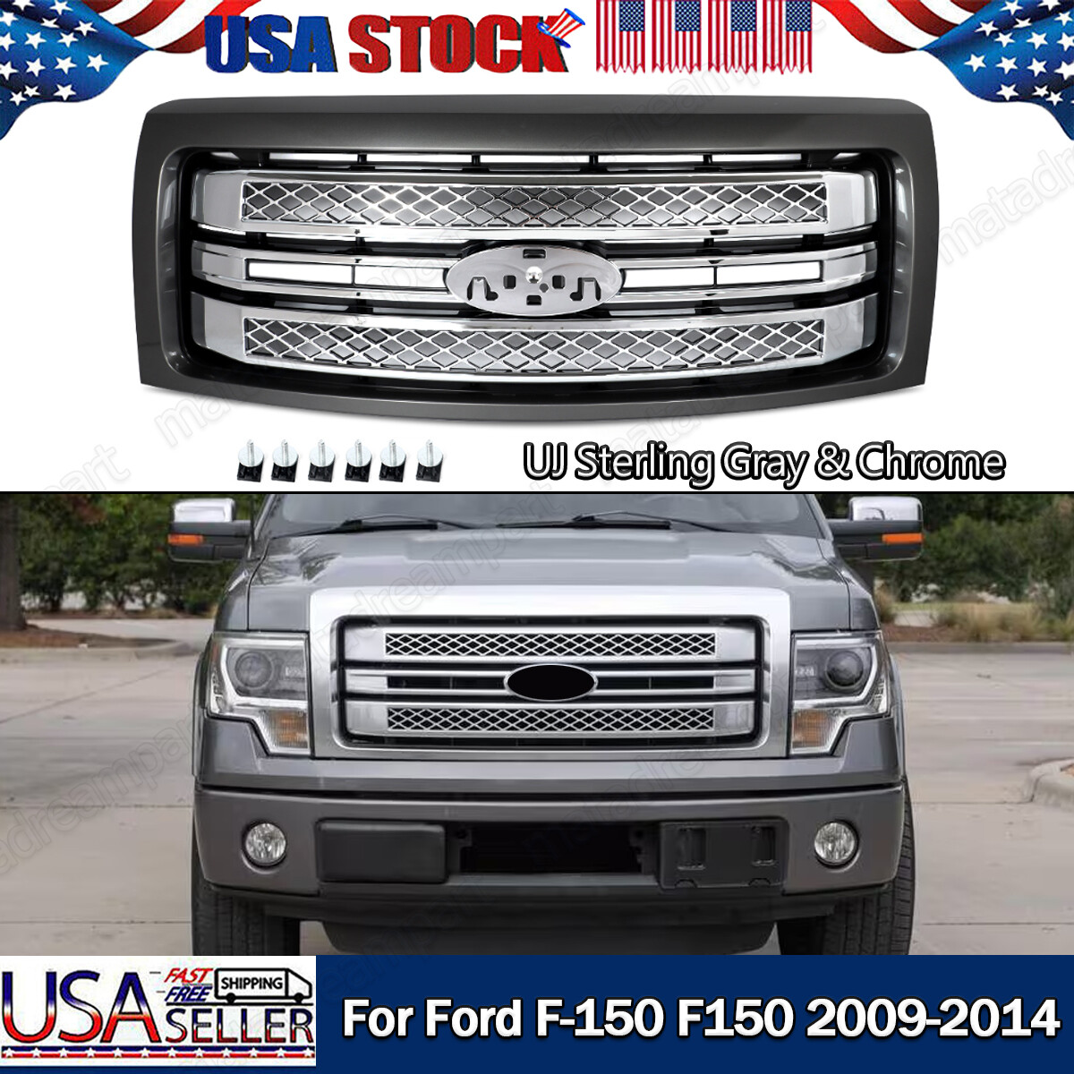 FITS 2009-2014 FORD F-150 F150 PLATINUM FRONT STERLING GRAY GRILLE CHROME TRIMS