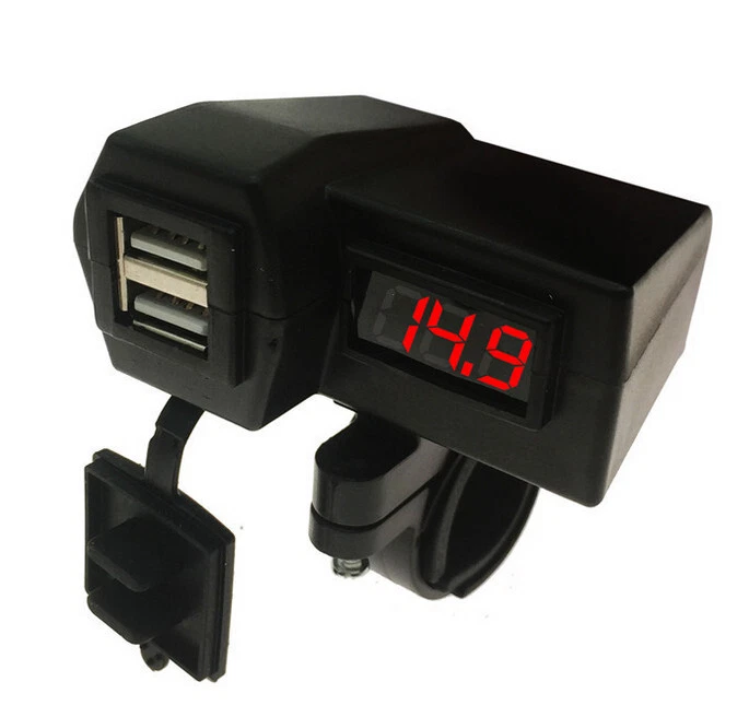 Premium Motorcycle Dual USB Charger Socket LED Voltmeter Handlebar Installation Foto 2 de 4