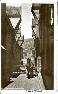 Original Postkarte Bergen Norge Pferdewagen 1913 Realfoto Mittet & Co. Unbenutzt
