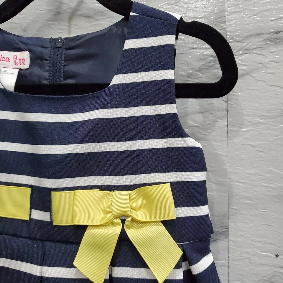 Vestido Jessica Ann Infantil Talla 18 Mo Azul Marino Rayas Sin Mangas Amarillo Cinta Lazo Foto 2 de 4