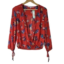 Collective Concept Aimee Floral Top Red Orange Petite Medium Cross Front NWT