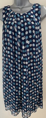 Monsoon Blue White & Silver Spots Chiffon Silk Shift Dress Size 10 