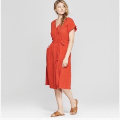 Universal Thread Faux Wrap Midi Dress Woman XS-S Cotton Blend Short Sleeve Red