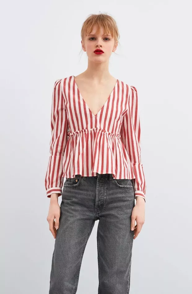Zara Striped V Neck Peplum Top Long Sleeve Red White Womens S