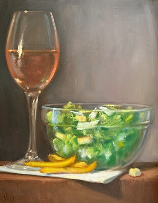 Rose and Caesar Salad (canvas print) By VERRIER Still life oil painting
