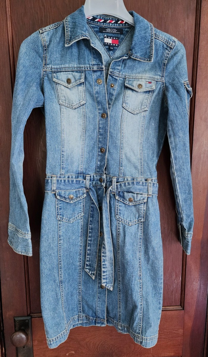 Tommy Hilfiger Vintage Denim Jean Long Sleeve Belted Dress S Small Y2k