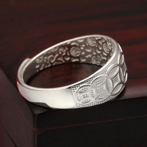 Pure 990 Fine Silver Band Men Women Lucky Bless Rich Carved Coin Ring - Picture 9 of 13