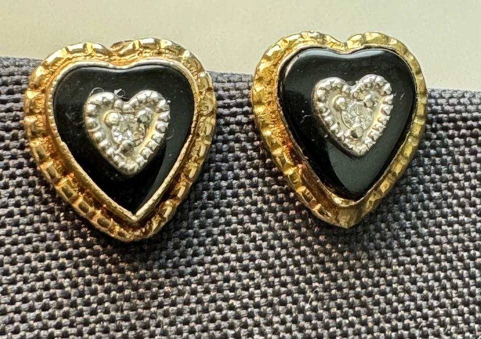 Винтажные серьги из желтого золота 14 карат с черным ониксом и бриллиантами в форме сердца - Изображение 2 из 3