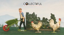 BRITAINS - VINTAGE LEAD FIGURES - FARMER W/ WHEEL BARROW, HEDGE  CHICKENS   700