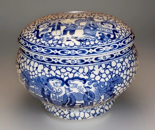 Vintage Wm Adams England Chinese Bird White/Blue Porcelain Trinket Bowl W/Lid