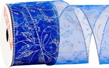 10 Yards QIANF Royal Blue Organza Sheer Wired Ribbon Glitter Swirl Pattern 2.5"