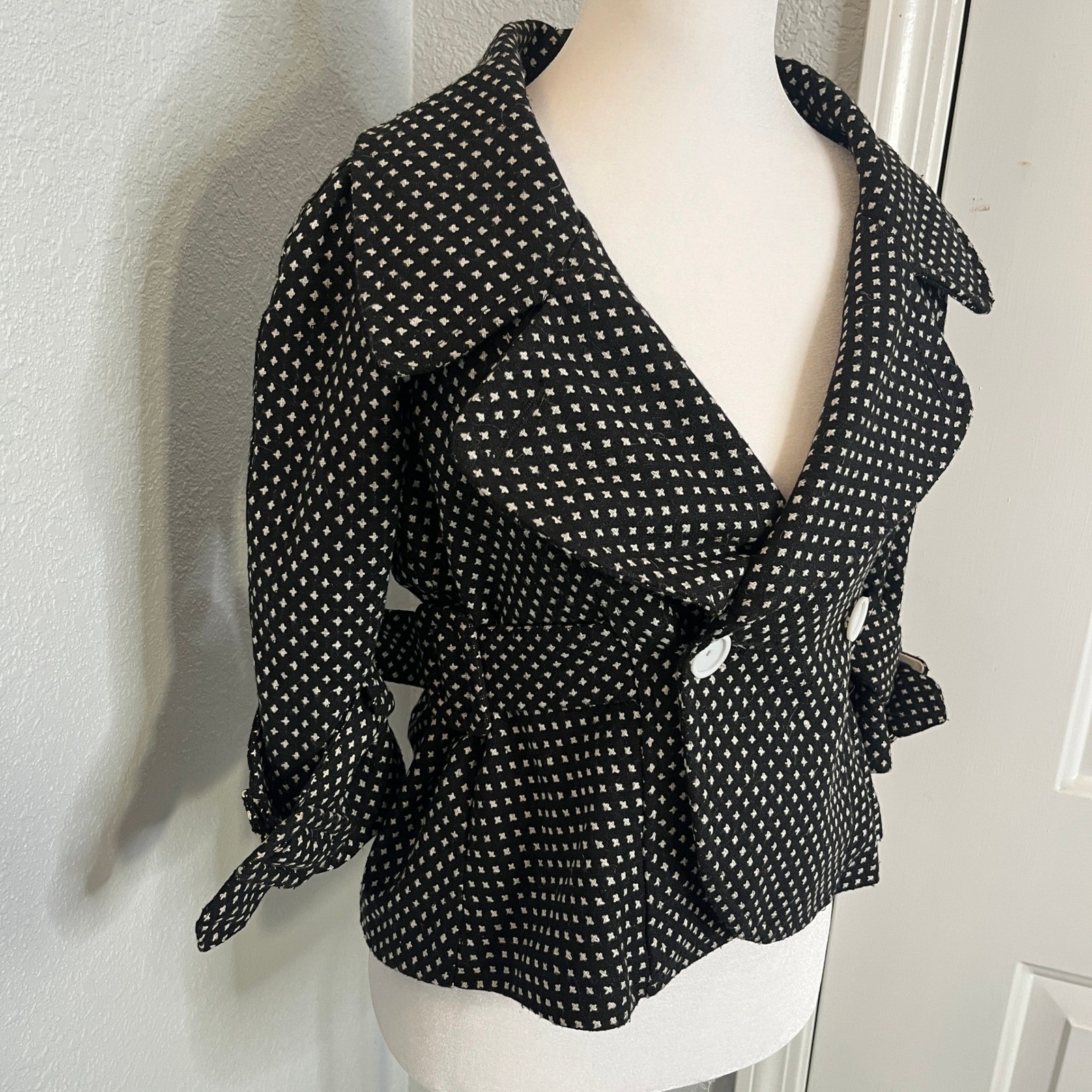Black White Patterned Jacket Ruffle Sleeve Croppe… - image 5