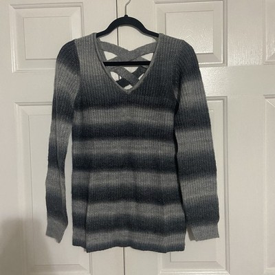 Love Ellie Mia Cris-Cross Back Detail Pullover Sweater Gray Blue Ombre Stripe M