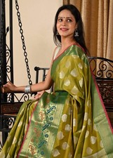 Banarasi Vastra Semi Katan Silk Saree Silver Buta Broad Paithani Border Green
