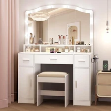 Vanity Desk with Mirror & LED Lights, 3 Drawers Makeup Table with Outlet
