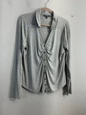 Womans Steve Madden Long Sleeve Button Down Top XXL Gray V Neck Scrunch Front 