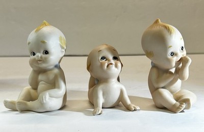 3 Vintage Lefton Kewpie Doll Bisque Porcelain Figurines W/ Blue Wings Used