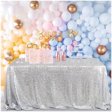 Silver Sequin Overlay Tablecloth 90x132 Inch for Party Decor