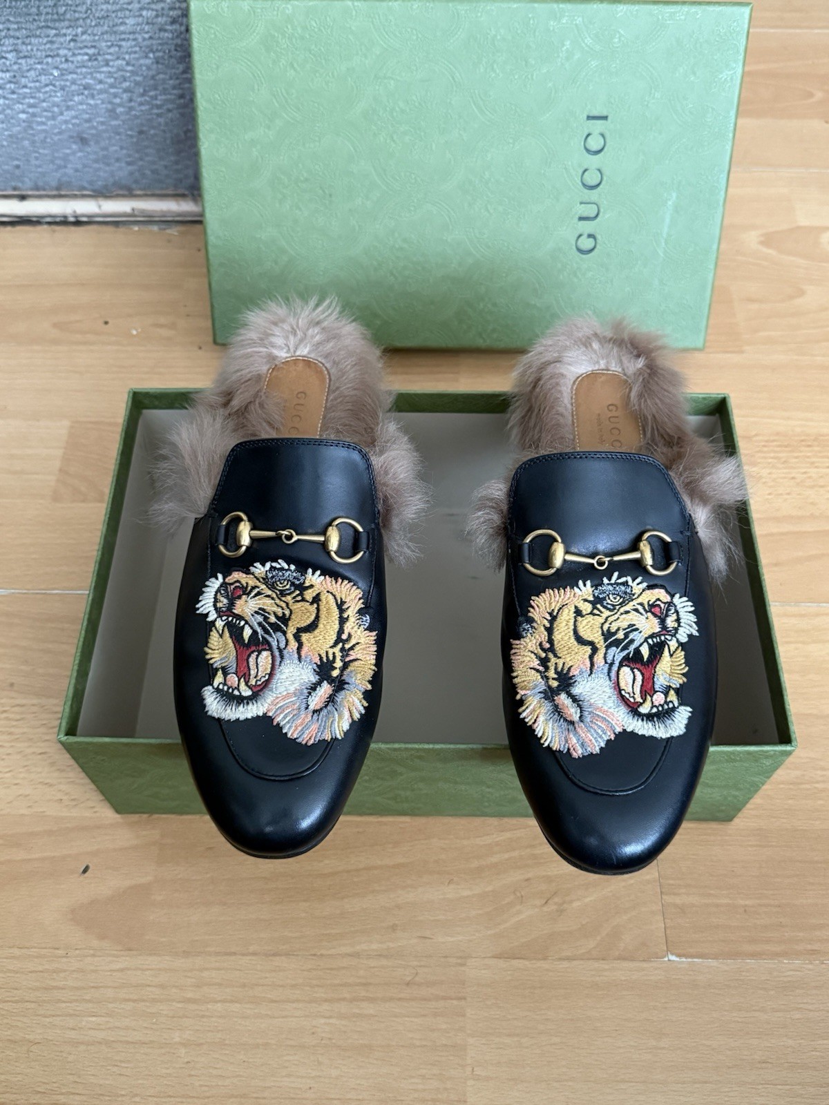 Gucci Horsebit Princetown Black Leather Slipper Tiger Loafers Fur Shoe Uk 6